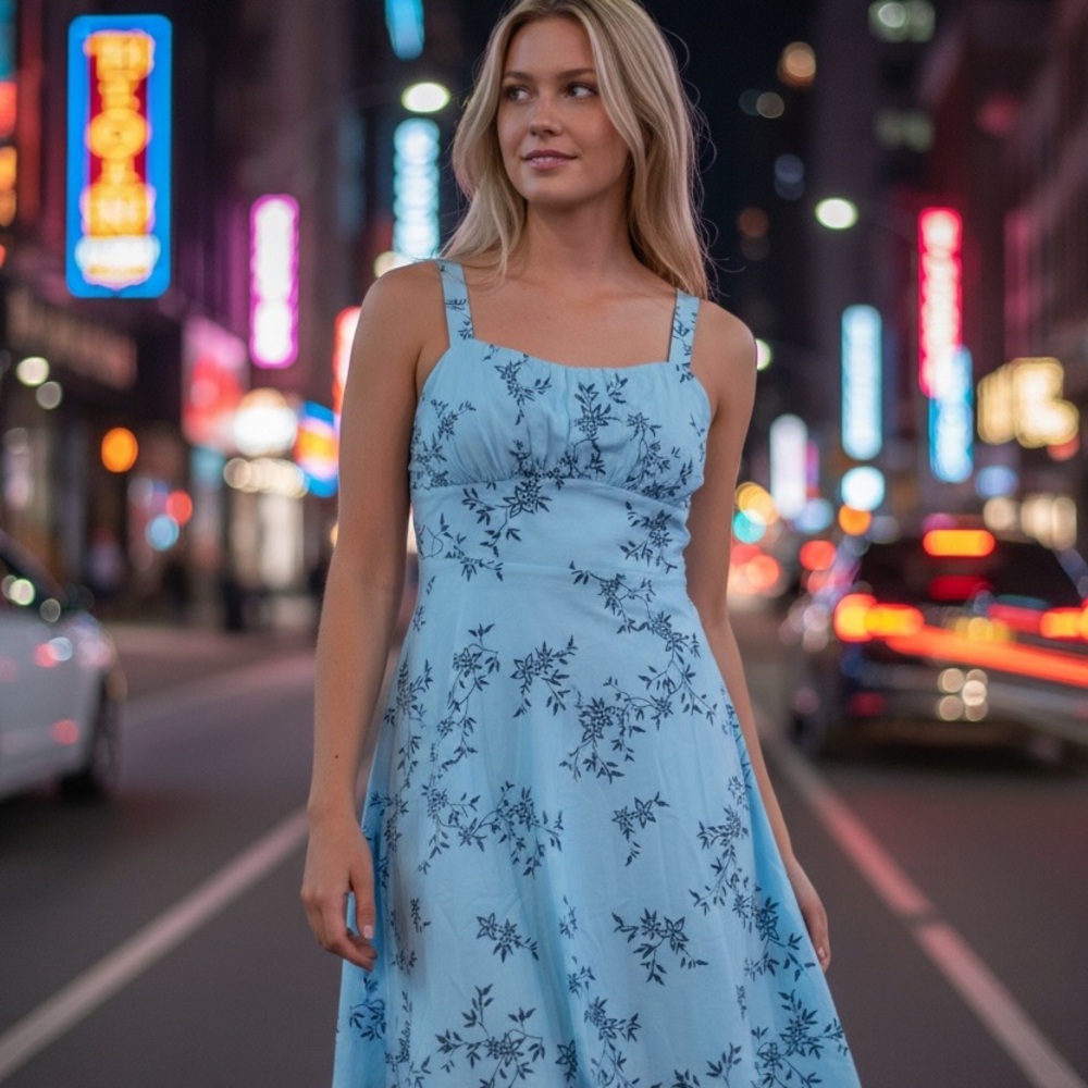 Retro Blue Floral Square-Neck Dress